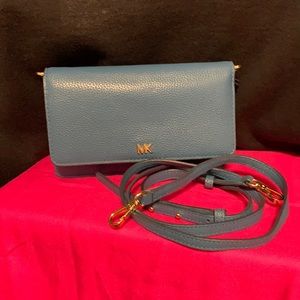 MK Small Crossbody Wallet with space for your I Phone. leather, Blue